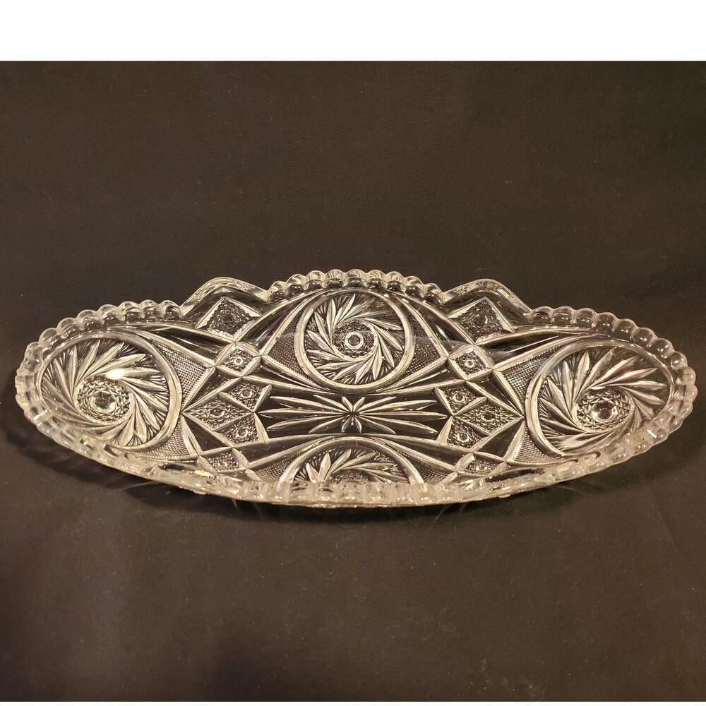 Antique McKee Aztec Clear Serving Dish Brilliant Cut Oblong Celery Platter 11in